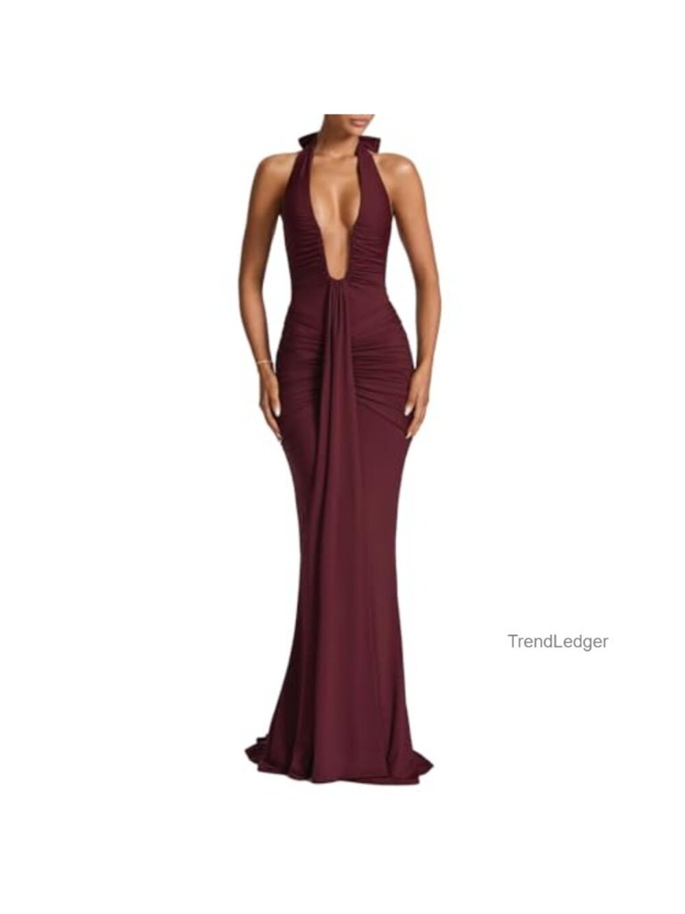 Women Deep V Neck Ruched Maxi Dress Sleeveless Halter Gown Formal Evening